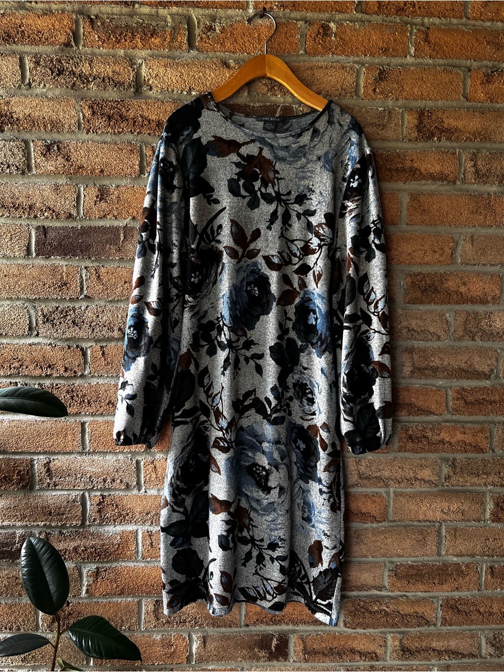 Suzy Shier Floral Stretch Knit Midi Dress XL Tie Waist Long Sleeve